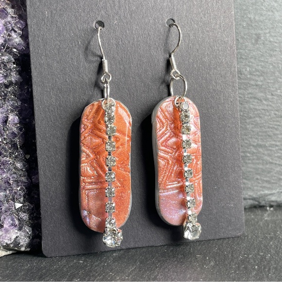 Hand Made Embossed Orange And Pink Dangle Earrings - Picture 3 of 11